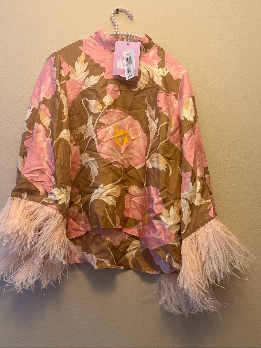 Floral Feather-Cuff Mock Neck Blouse - Pink Floral - Picture 2 of 2